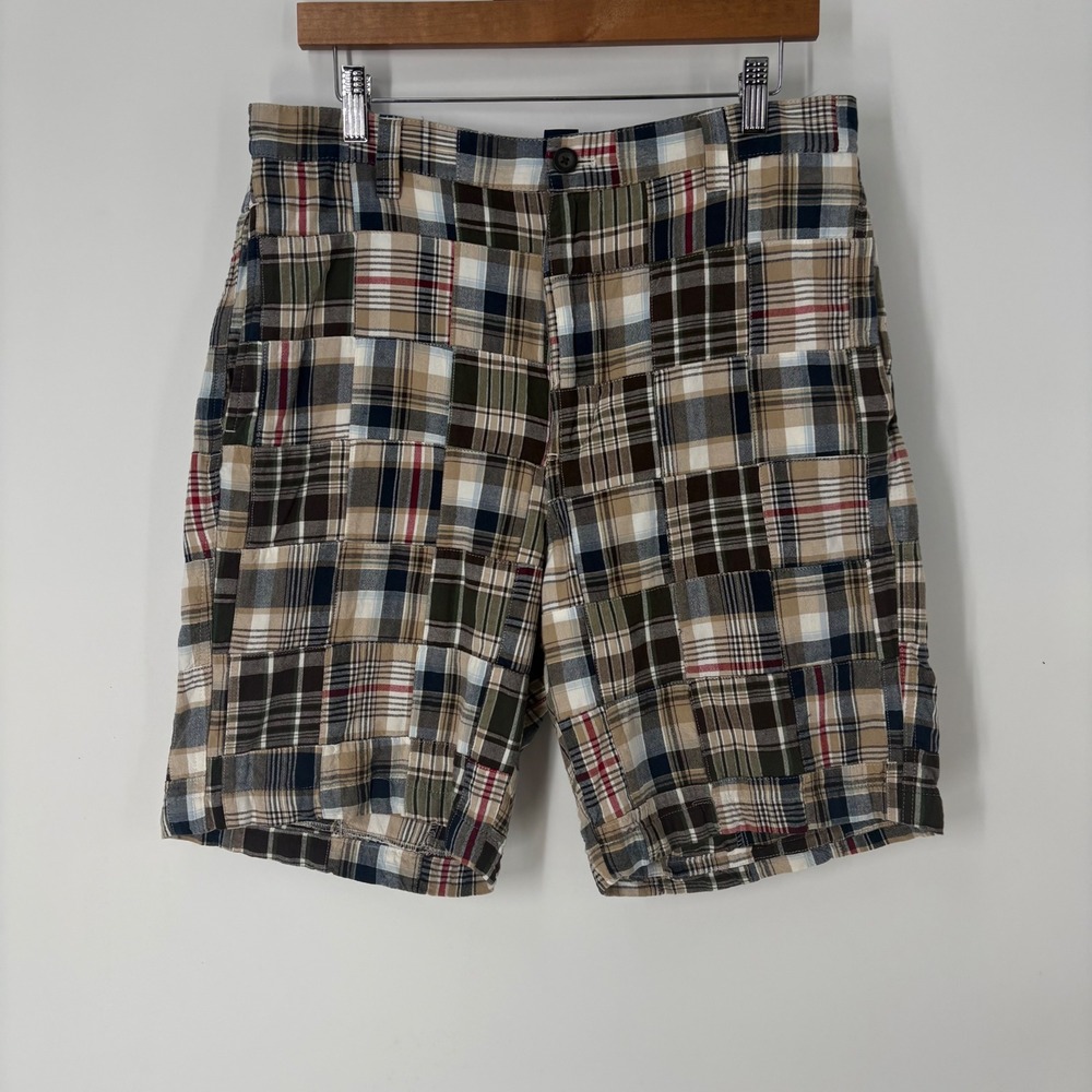 Chaps Mens Patchwork Plaid Shorts Brown Navy Blue Cotton Flat Front Size 33